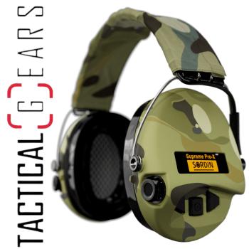 SORDIN SUPREME PRO-X LED AKTIVER KAPSEL-GEHÖRSCHUTZ GELKISSEN CAMO-BAND CAMO-KAPSEL